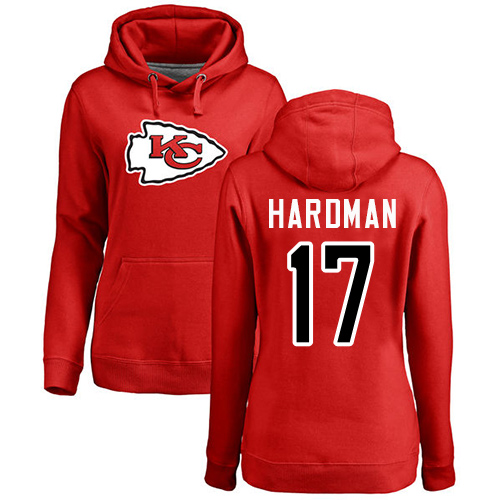 Women Football Kansas City Chiefs 17 Hardman Mecole Red Name and Number Logo Pullover Hoodie